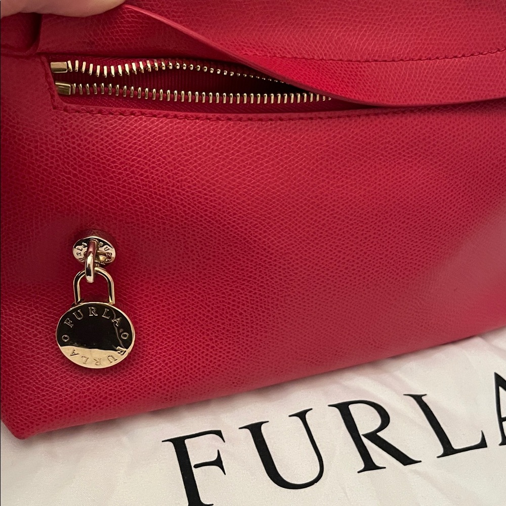 Like New Furla Red Leather 2-way Bag with Gold Charm. Zippered outside storage. - Picture 6 of 12